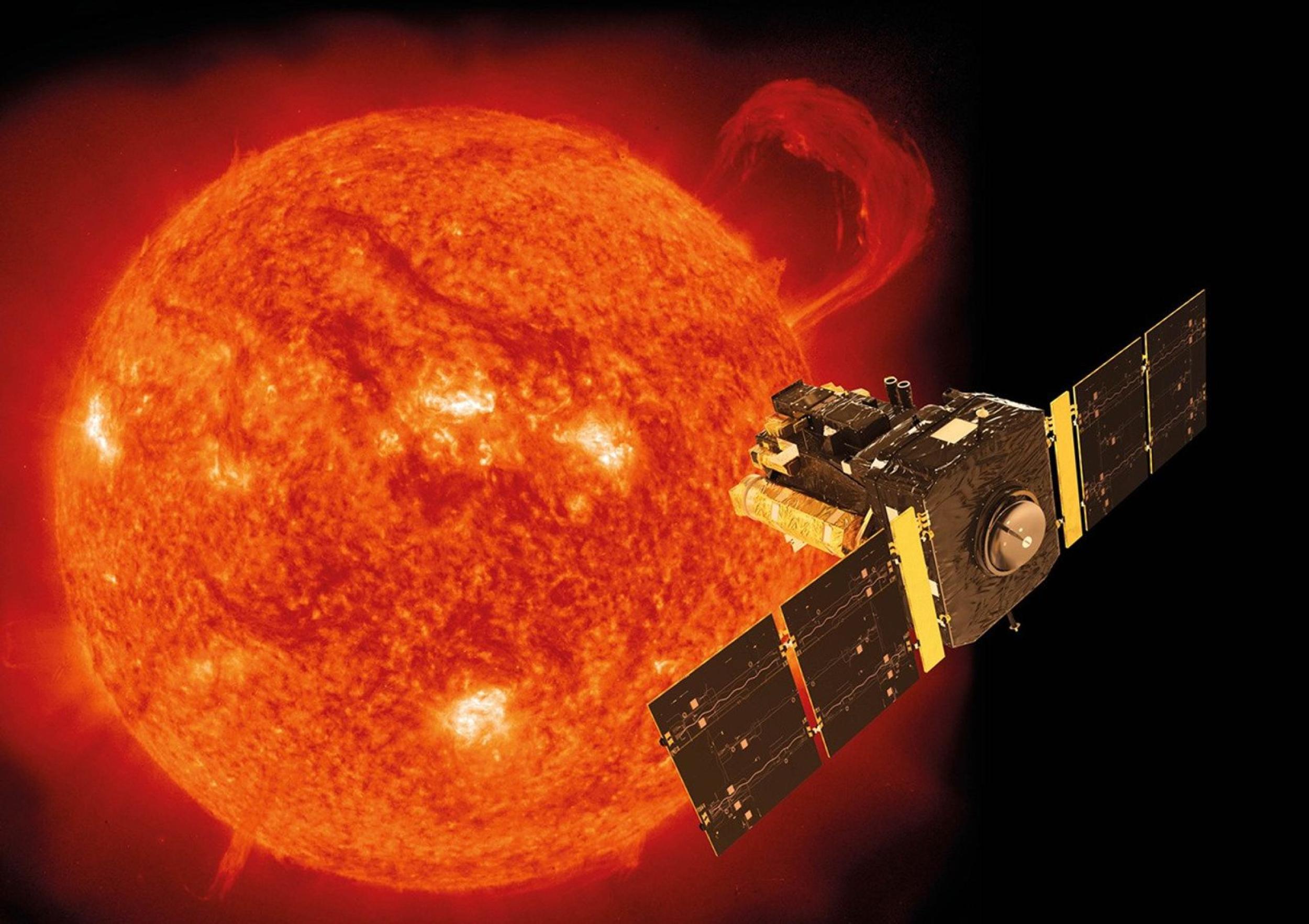 Artist's impression of the SOHO spacecraft approaching the Sun.